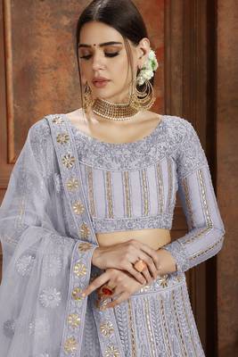 Grey embroidered net semi stitched lehenga 2