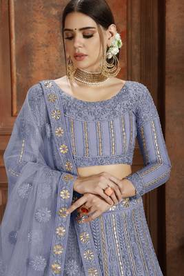 Sky-blue embroidered net semi stitched lehenga 1