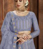 Sky-blue embroidered net semi stitched lehenga