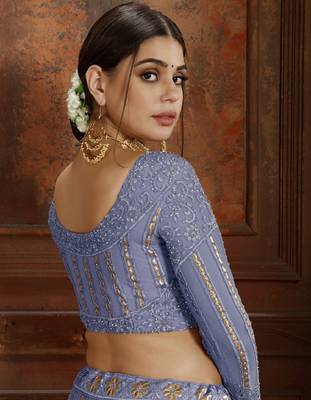 Sky-blue embroidered net semi stitched lehenga 2