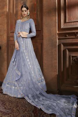 Sky-blue embroidered net semi stitched lehenga 3