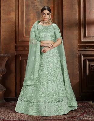 Light-green embroidered net semi stitched lehenga 2