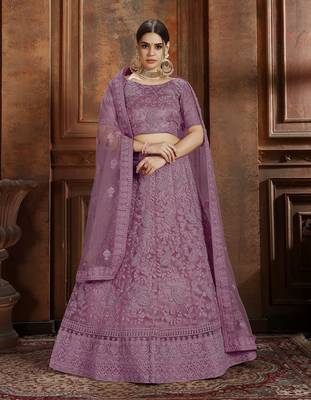 Purple embroidered net semi stitched lehenga 1