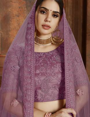 Purple embroidered net semi stitched lehenga 2