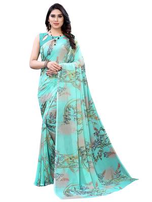 Turquoise printed chiffon saree with blouse 1
