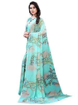 Turquoise printed chiffon saree with blouse 2