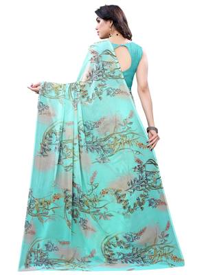 Turquoise printed chiffon saree with blouse 3