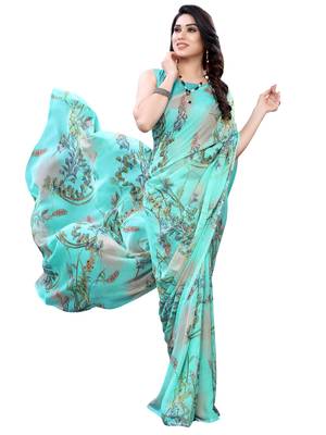 Turquoise printed chiffon saree with blouse 4
