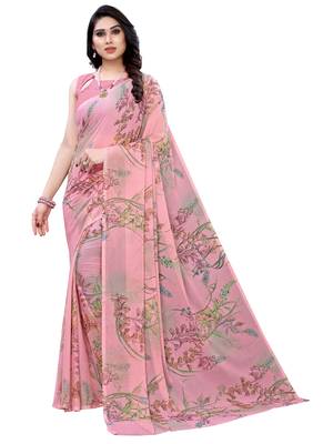 Light pink printed chiffon saree with blouse 1