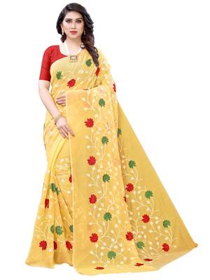 Light yellow embroidered poly cotton saree with blouse 1