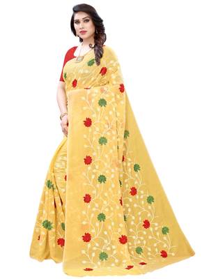 Light yellow embroidered poly cotton saree with blouse 2