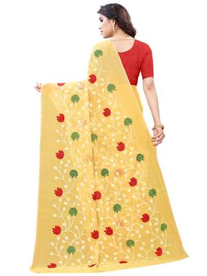 Light yellow embroidered poly cotton saree with blouse 3