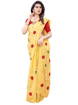 Light yellow embroidered poly cotton saree with blouse 4