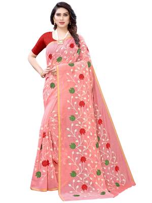 Peach embroidered poly cotton saree with blouse 1