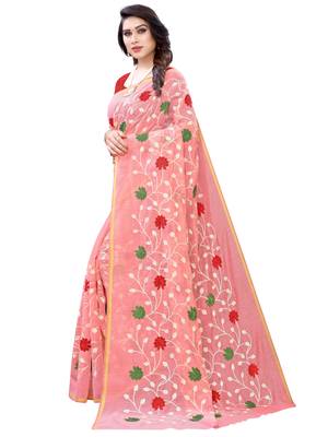 Peach embroidered poly cotton saree with blouse 2