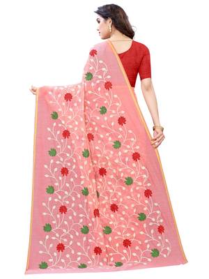 Peach embroidered poly cotton saree with blouse 3