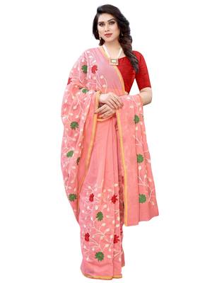 Peach embroidered poly cotton saree with blouse 4