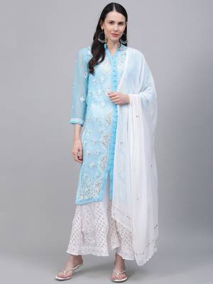 Sky-blue hand woven art silk ethnic-kurtis 1