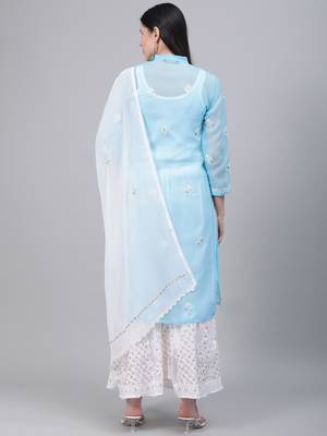 Sky-blue hand woven art silk ethnic-kurtis 2