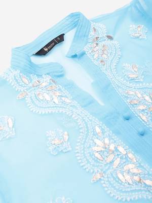 Sky-blue hand woven art silk ethnic-kurtis 3