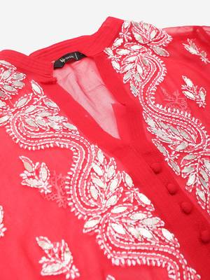 Red hand woven art silk ethnic-kurtis 4