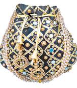 Shoptory India Golden Beads Hand Embroidered Silk Women's Potli With Pearl Handle for Return Gifts, Wedding - Black