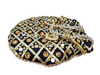 Shoptory India Golden Beads Hand Embroidered Silk Women's Potli With Pearl Handle for Return Gifts, Wedding - Black 4