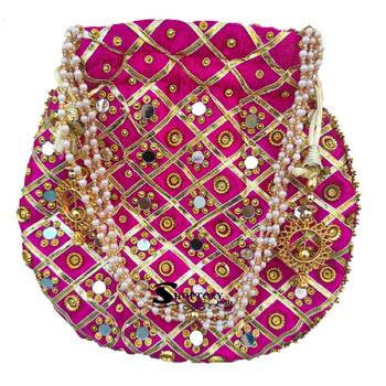 Shoptory India Golden Beads Hand Embroidered Silk Women's Potli With Pearl Handle for Return Gifts, Wedding - Dark Pink 1