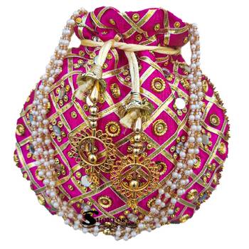 Shoptory India Golden Beads Hand Embroidered Silk Women's Potli With Pearl Handle for Return Gifts, Wedding - Dark Pink 2