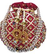 Shoptory India Golden Beads Hand Embroidered Silk Women's Potli With Pearl Handle for Return Gifts, Wedding - Maroon