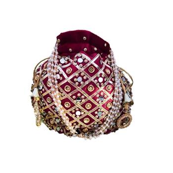 Shoptory India Golden Beads Hand Embroidered Silk Women's Potli With Pearl Handle for Return Gifts, Wedding - Maroon 2