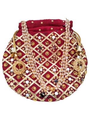 Shoptory India Golden Beads Hand Embroidered Silk Women's Potli With Pearl Handle for Return Gifts, Wedding - Maroon 4