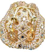 Shoptory India Golden Beads Hand Embroidered Silk Women's Potli With Pearl Handle for Return Gifts, Wedding - Golden