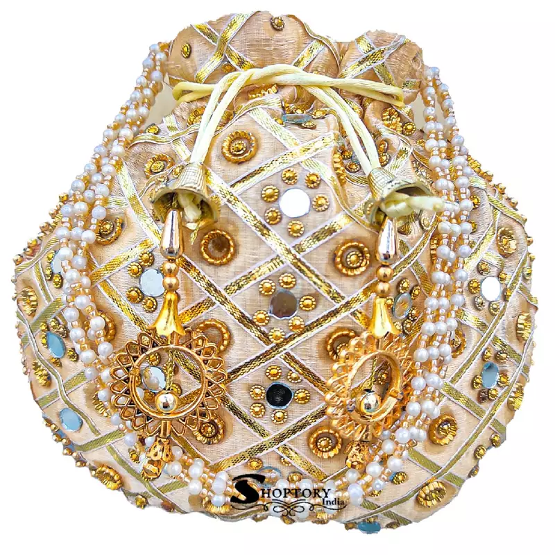 Shoptory India Golden Beads Hand Embroidered Silk Women's Potli With Pearl Handle for Return Gifts, Wedding - Golden