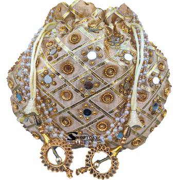 Shoptory India Golden Beads Hand Embroidered Silk Women's Potli With Pearl Handle for Return Gifts, Wedding - Golden 2