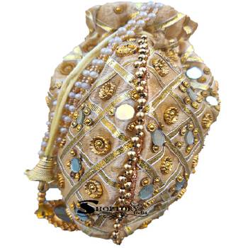 Shoptory India Golden Beads Hand Embroidered Silk Women's Potli With Pearl Handle for Return Gifts, Wedding - Golden 3