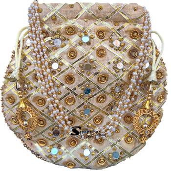 Shoptory India Golden Beads Hand Embroidered Silk Women's Potli With Pearl Handle for Return Gifts, Wedding - Golden 4