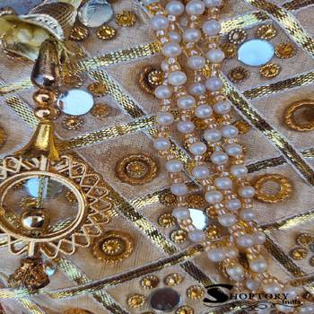 Shoptory India Golden Beads Hand Embroidered Silk Women's Potli With Pearl Handle for Return Gifts, Wedding - Golden 5