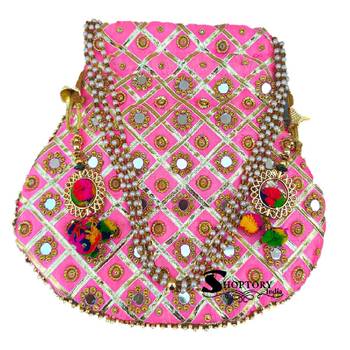 Shoptory India Golden Beads Hand Embroidered Silk Women's Potli With Pearl Handle for Return Gifts, Wedding - Pink 2