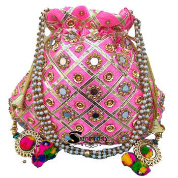 Shoptory India Golden Beads Hand Embroidered Silk Women's Potli With Pearl Handle for Return Gifts, Wedding - Pink 3