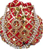 Shoptory India Golden Beads Hand Embroidered Silk Women's Potli With Pearl Handle for Return Gifts, Wedding - Red
