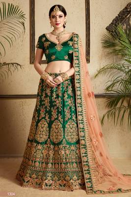 Dark-green embroidered satin semi stitched lehenga 1