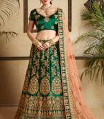 Dark-green embroidered satin semi stitched lehenga