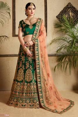 Dark-green embroidered satin semi stitched lehenga 2