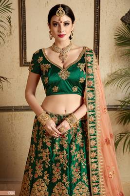 Dark-green embroidered satin semi stitched lehenga 3