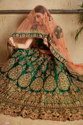 Dark-green embroidered satin semi stitched lehenga 4