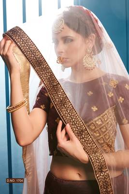 Beige embroidered satin semi stitched lehenga 2