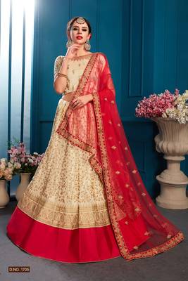 Beige embroidered satin semi stitched lehenga 1