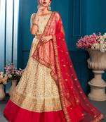 Beige embroidered satin semi stitched lehenga