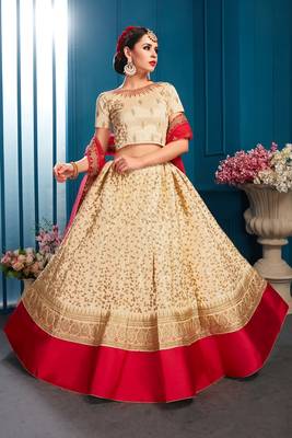 Beige embroidered satin semi stitched lehenga 3